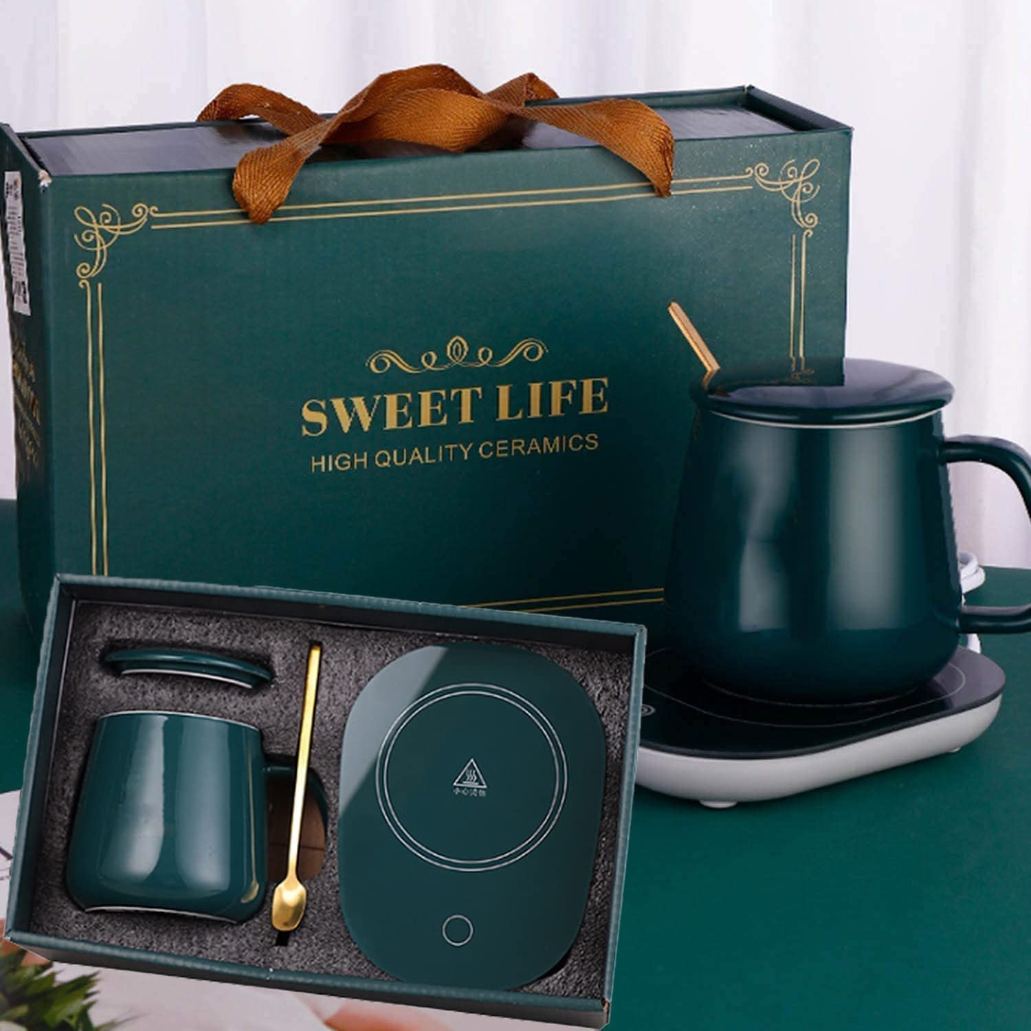 Cup Warmer Heater Set with Ceramic Mug & Tea Spoon - Image 2