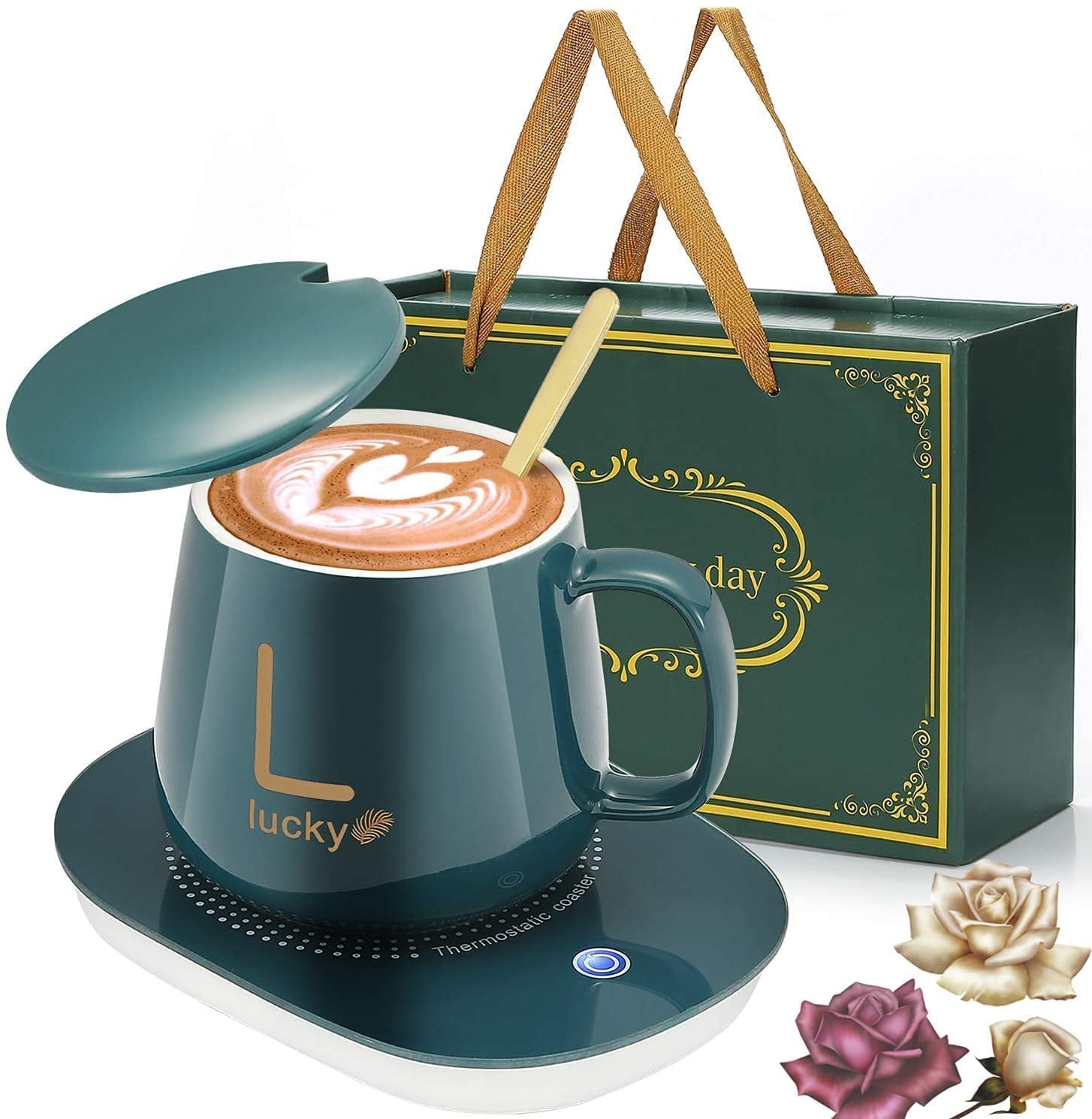 Cup Warmer Heater Set with Ceramic Mug & Tea Spoon